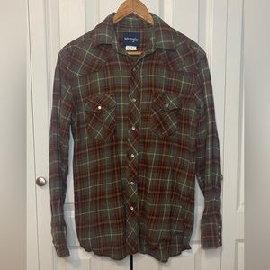 Wrangler Lightweight Plaid Flannel Shirt Pearl Snap Christmas Green Red Gold L